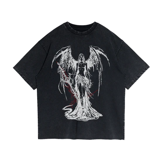 T-Shirt Fallen Angel Garment Dyed Streetwear Tee 260GSM Black Cotton With Faded Raw Hem